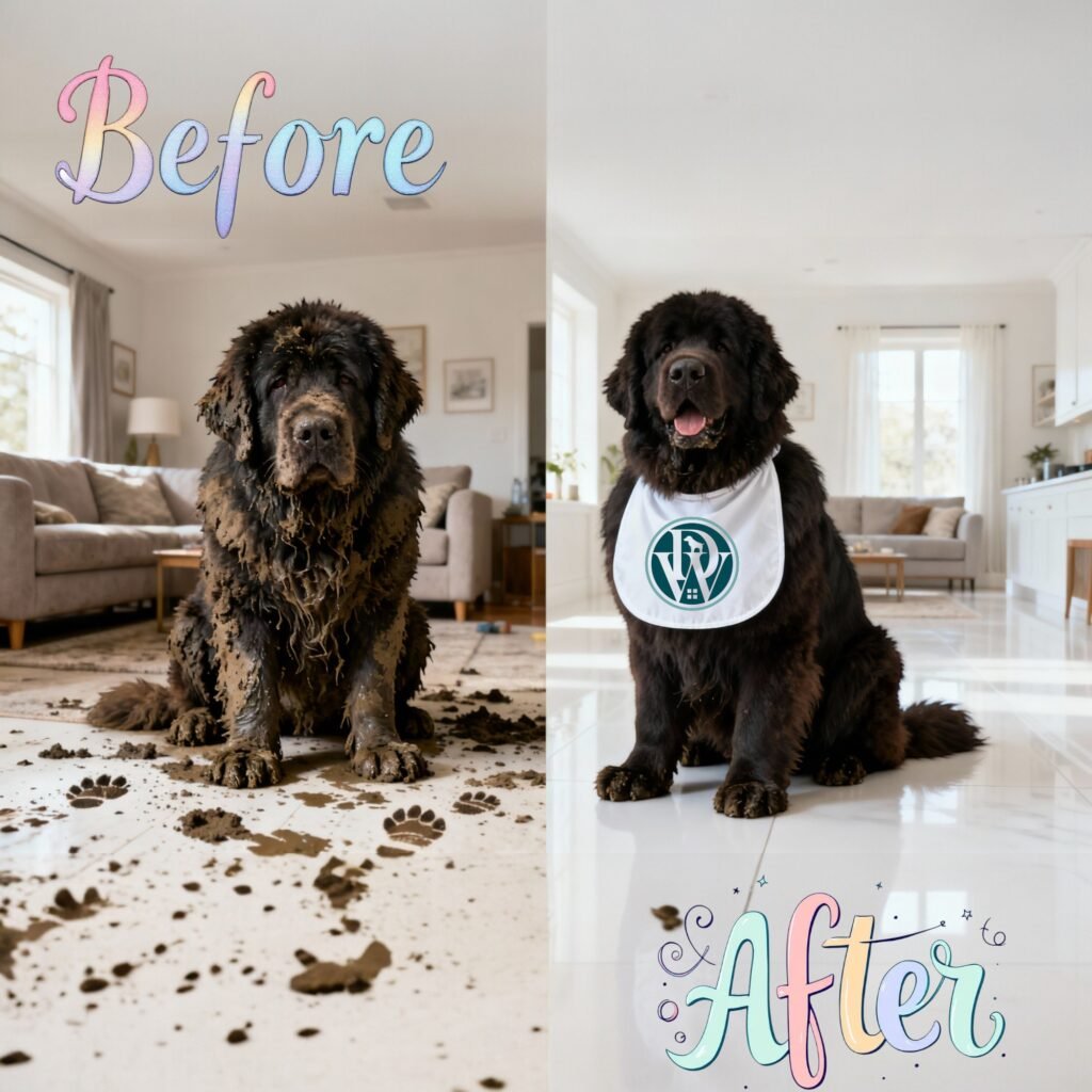 Before and after having DoggiesWorld bib