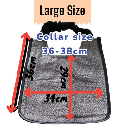Large bib measurements: collar 36 to 38cm, width 34cm, length 29cm in the middle and 36cm at the side