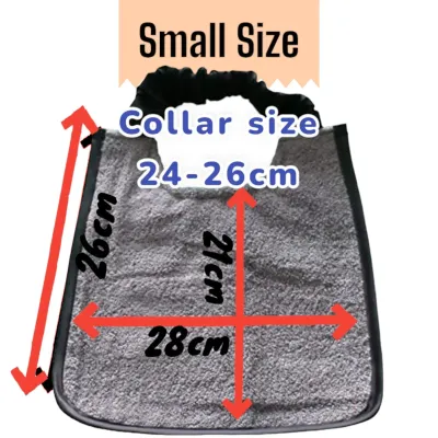 Small bib measurements: collar 24 to 26cm, width 28cm, length 21cm in the middle and 26cm at the side