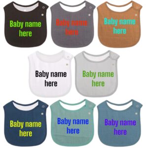 "Set of three embroidered baby bibs with personalized name, adjustable snaps, and soft fabric