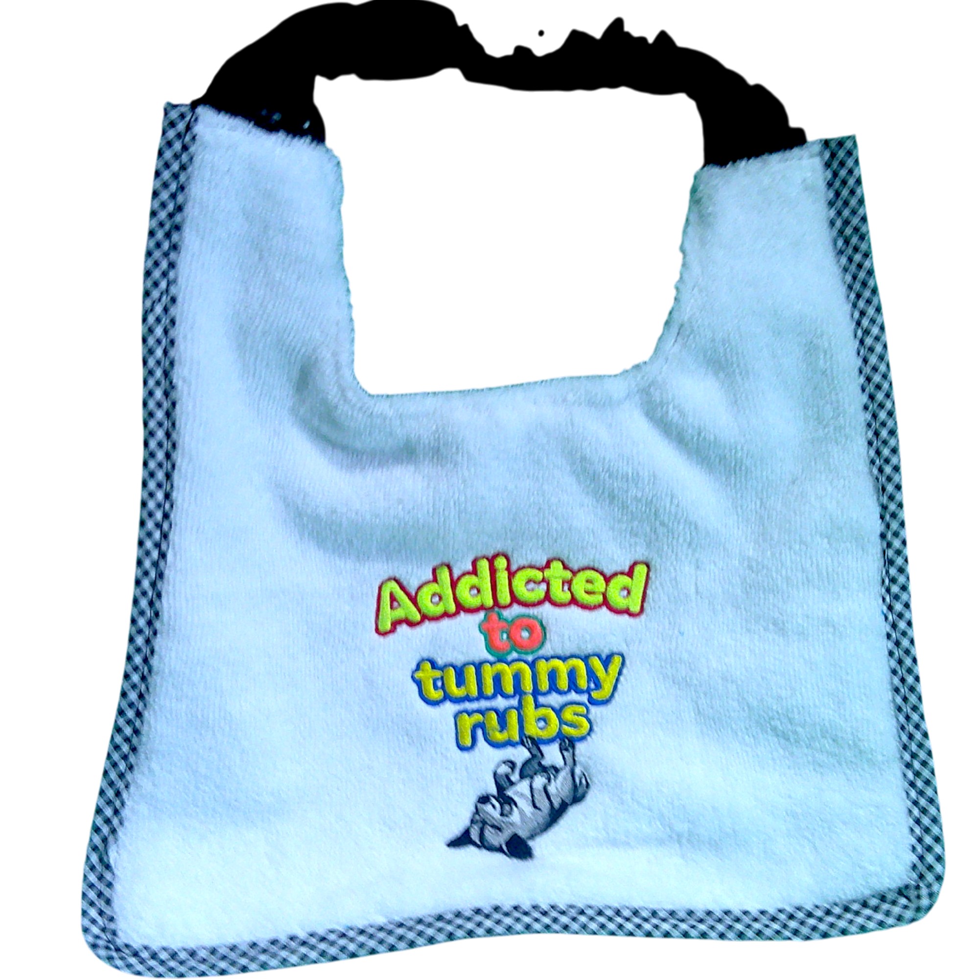 “Addicted to Tummy Rubs embroidered dog bib in white – DoggiesWorld UK
