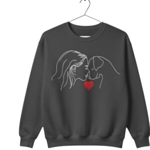 woman with dog facing and red heart sweatshirt