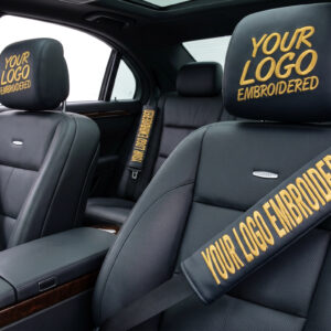 set of embroidered 4 seatbelt covers and 2 headrest covers