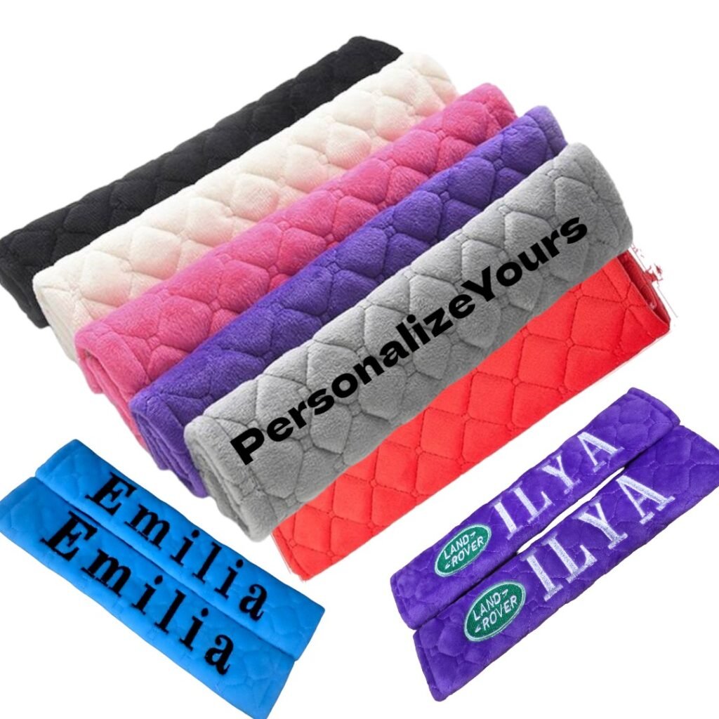 personalised embroidered car seatbelt cover with custom name UK